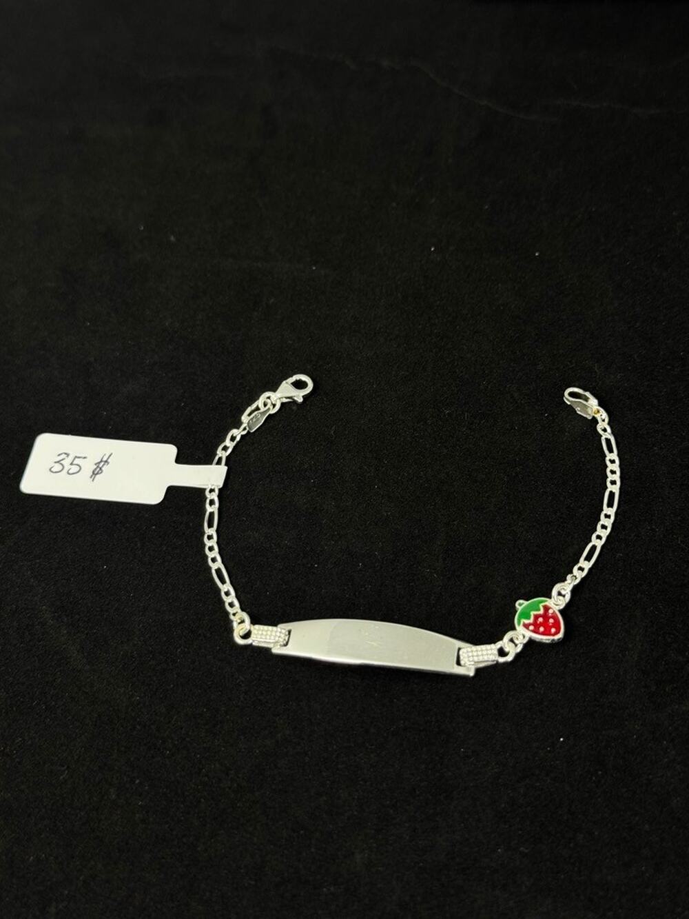 Sterling Silver Kids ID Bracelet 6 Inch Figaro Chain Strawberry Charm 925 4g